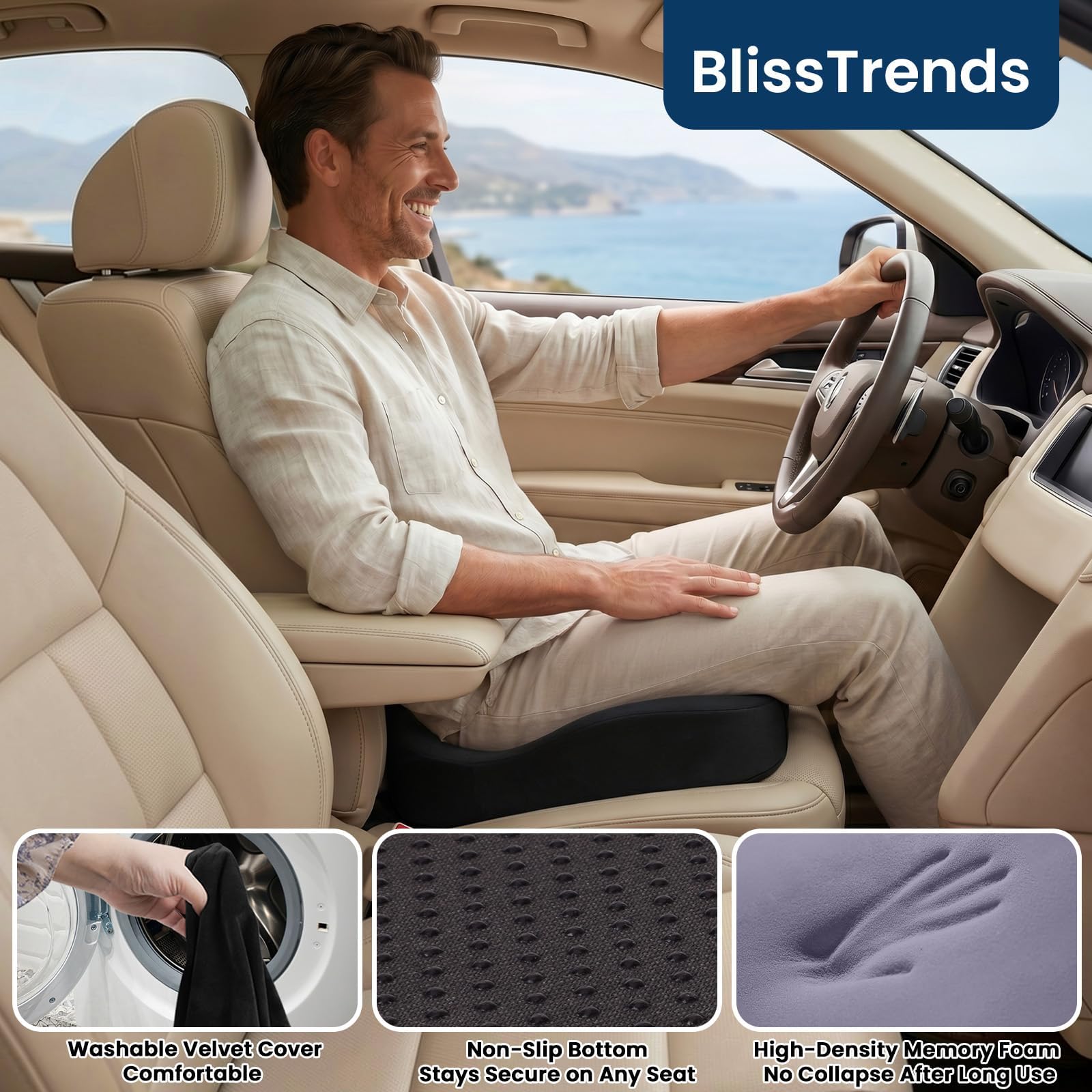 BlissTrends cushion used on wheelchair adding pressure relief and stability