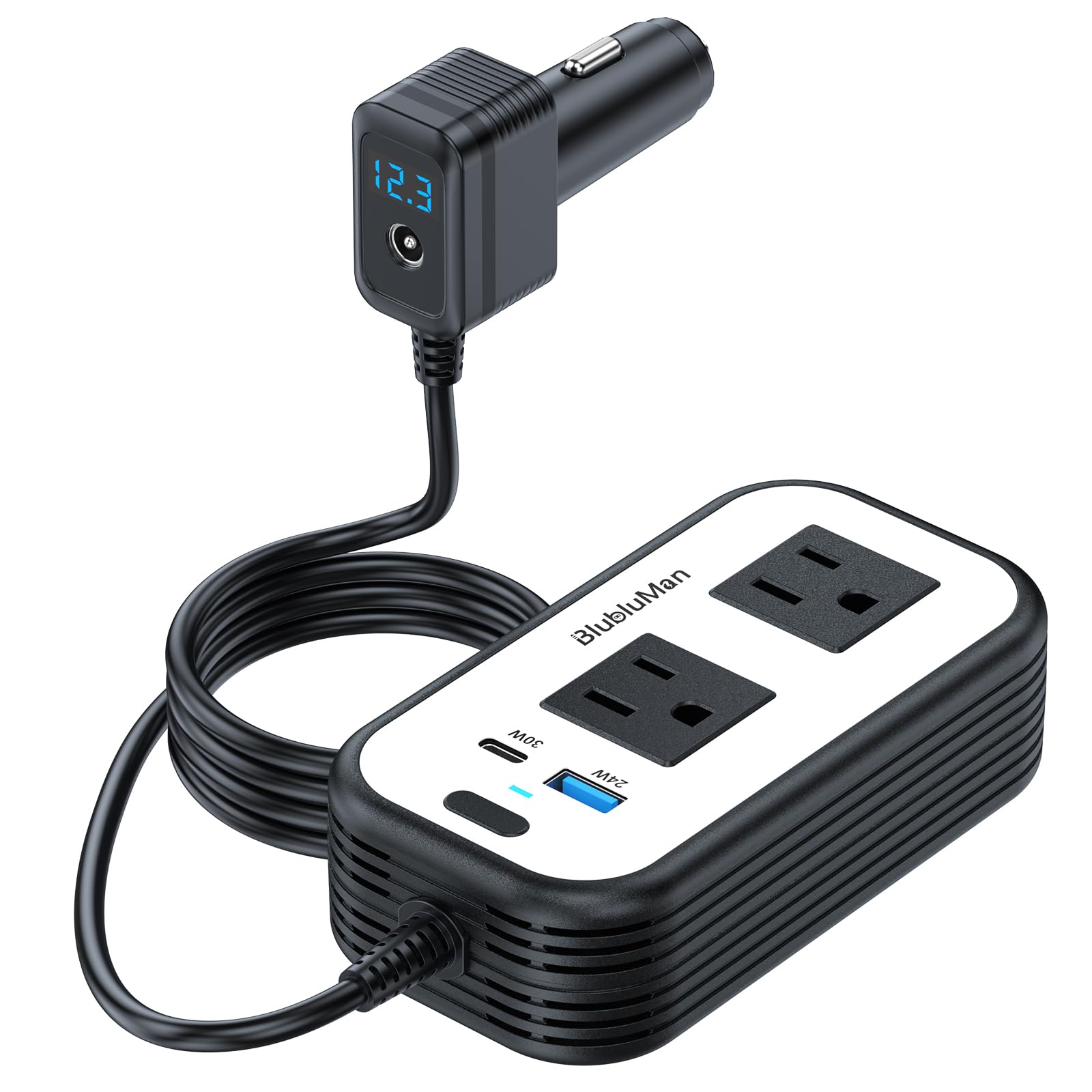 Blubluman front view showing outlets and stable AC power benefits