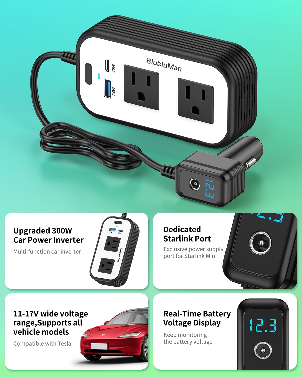 Blubluman USB-C and USB-A ports fast charging phones and tablets