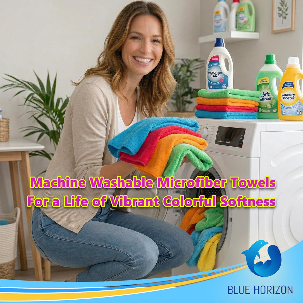 Blue Horizon towels placed in washing machine showing easy-care, reusable advantage