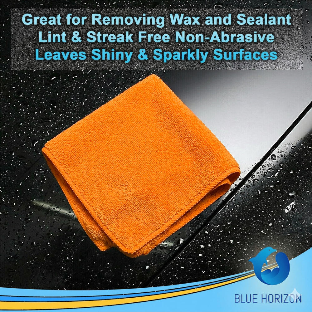 Blue Horizon towel polishing car paint to reveal glossy streak-free reflection