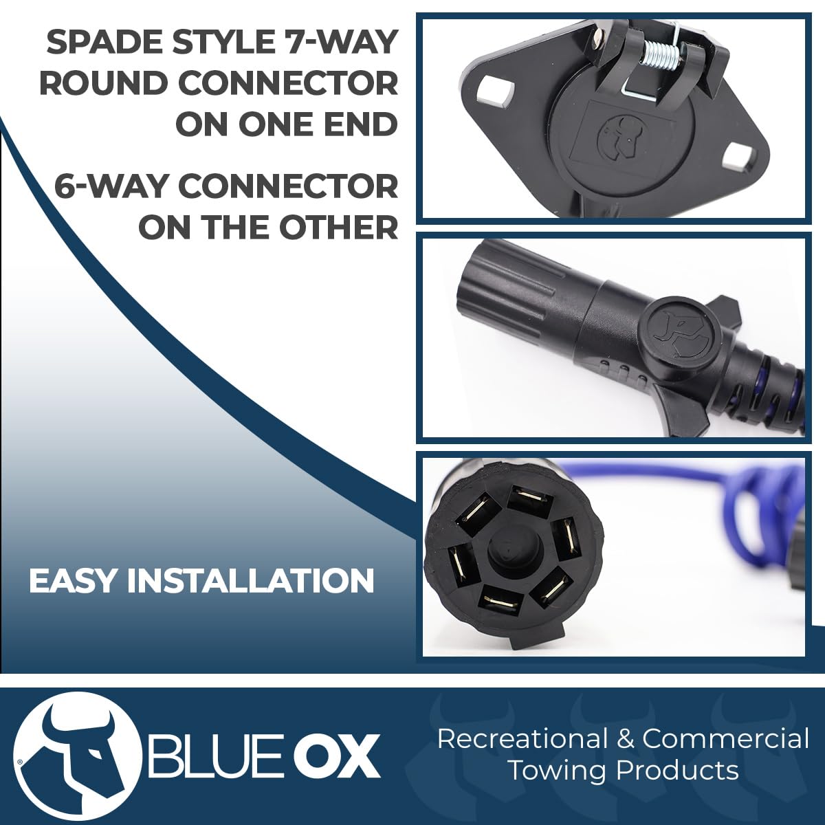 Blue Ox coiled cable stretched to show flexibility and reduced drag