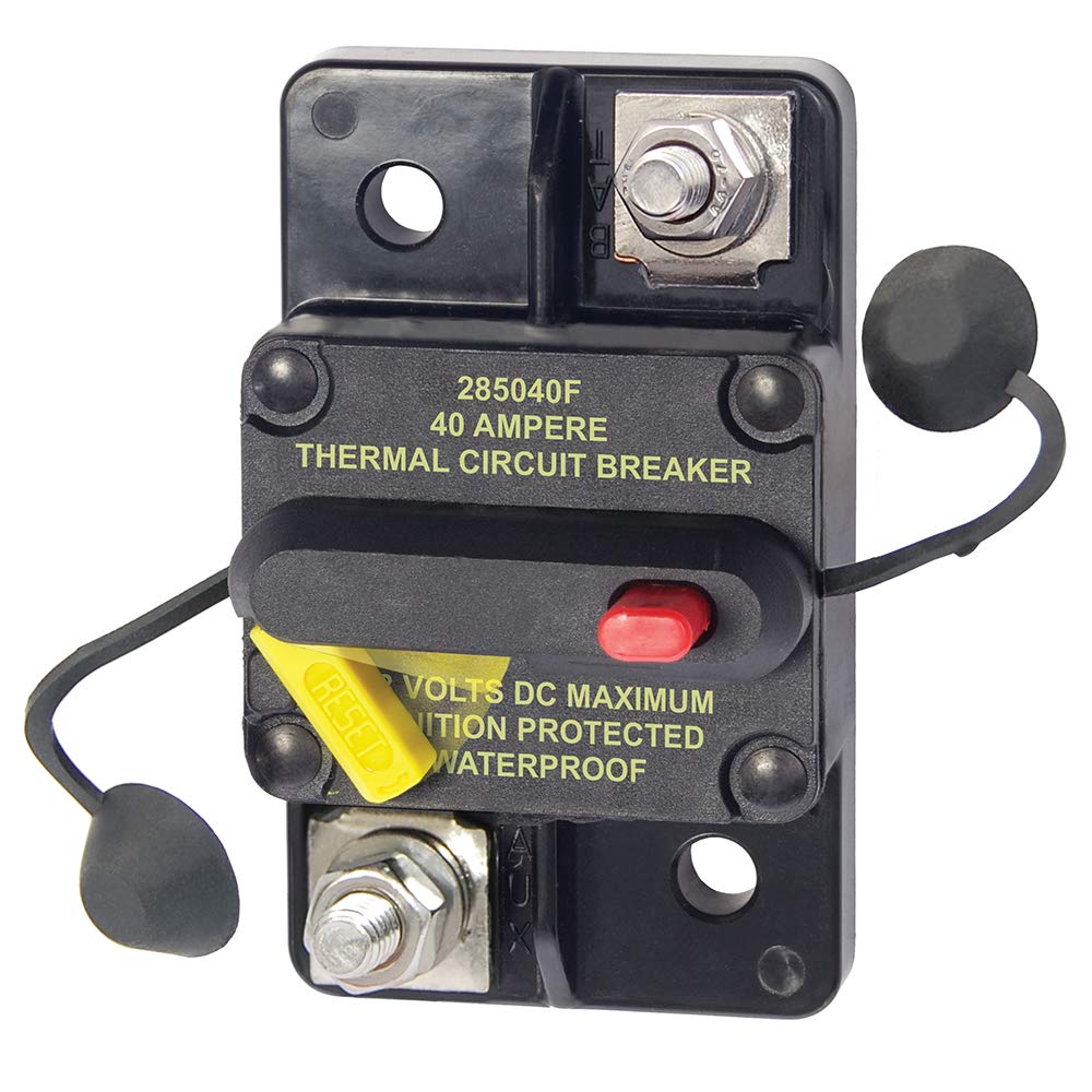 Blue Sea Systems 285-Series front face showing trip lever and ON position for easy status recognition