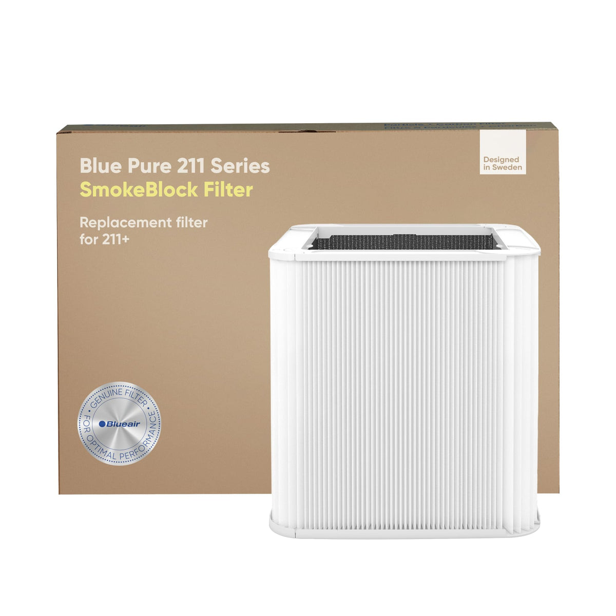 BLUEAIR front view of SmokeBlock filter packaging showing brand and model, ensures genuine replacement