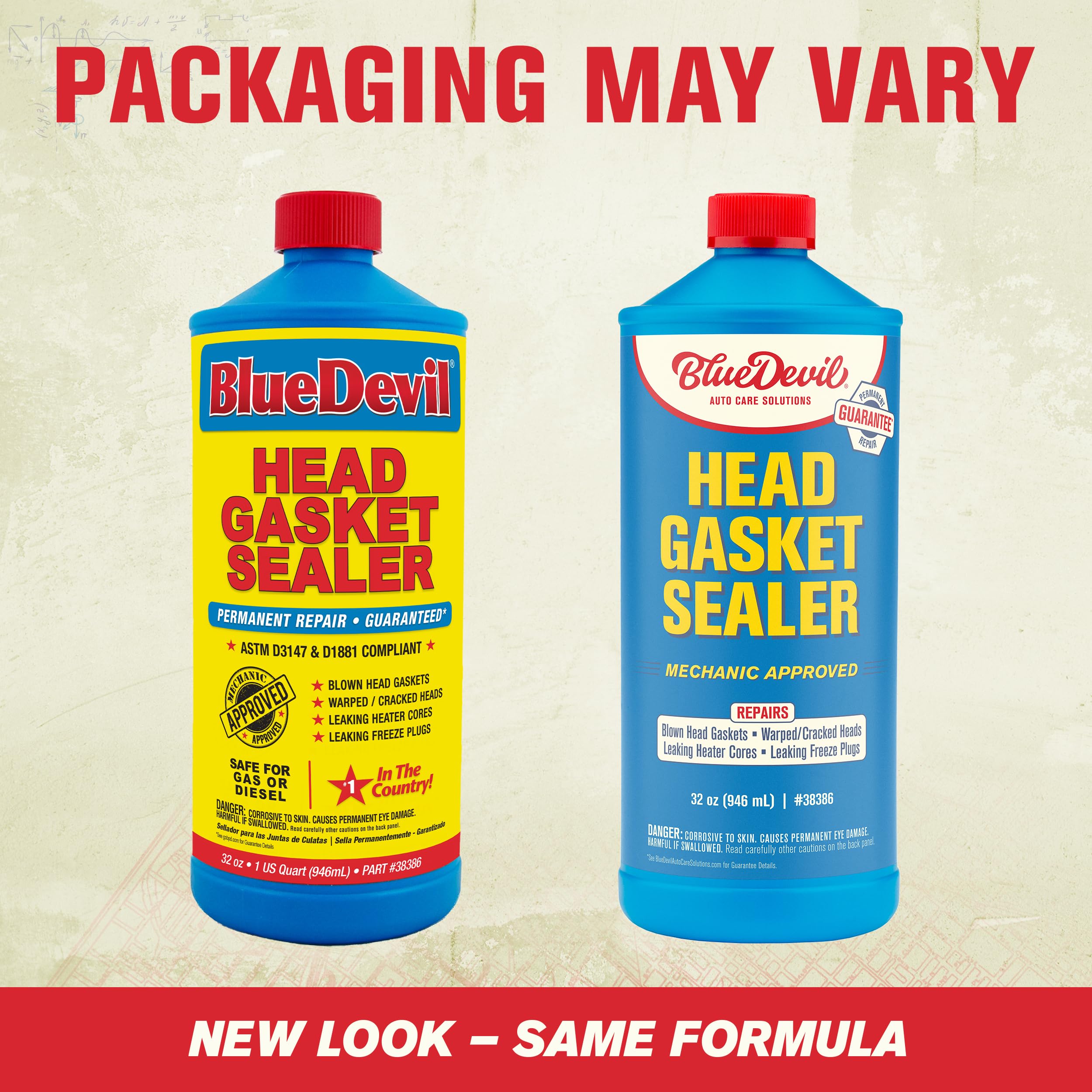 BlueDevil bottle placed in an engine bay showing in-use application and convenient repair benefit