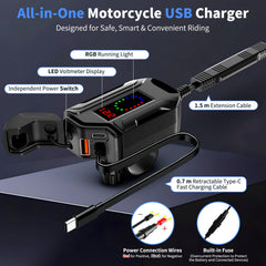 BlueFire close-up of USB-A, USB-C and LED voltmeter for instant battery insight