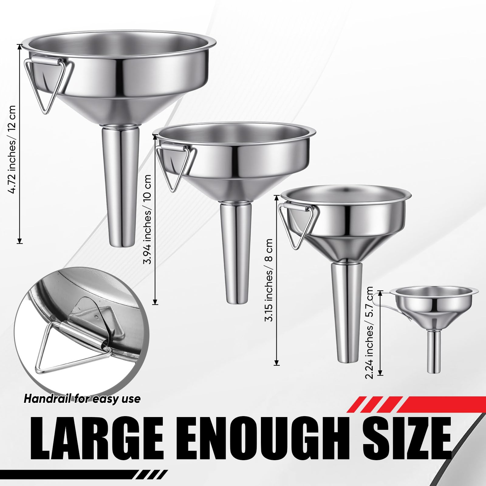 Blulu four stainless steel funnels displayed by diameter for precise pouring benefit