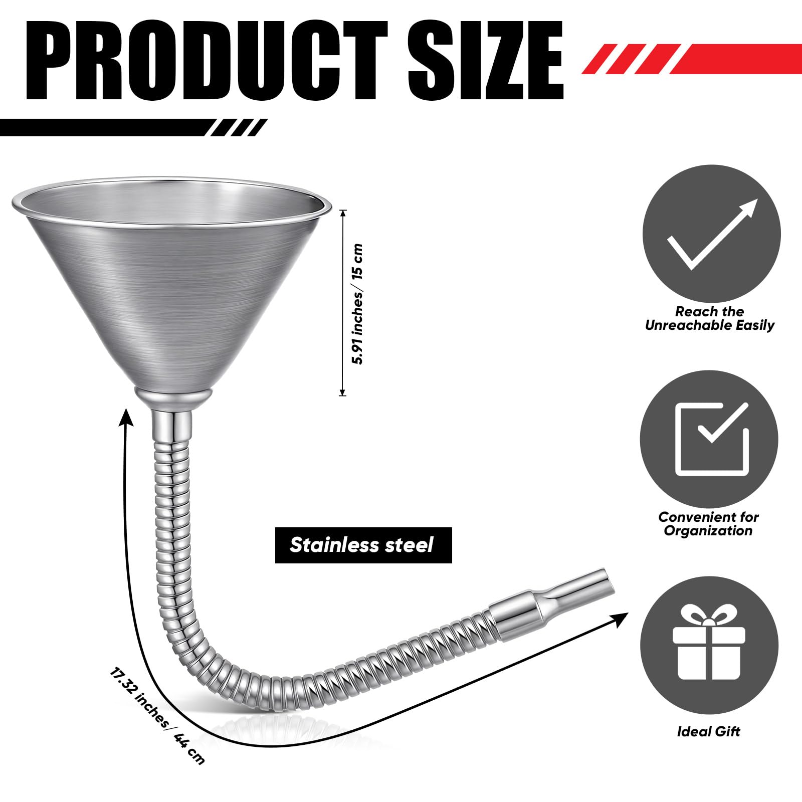 Blulu large flexible funnel with hose demonstrating reach into recessed openings benefit
