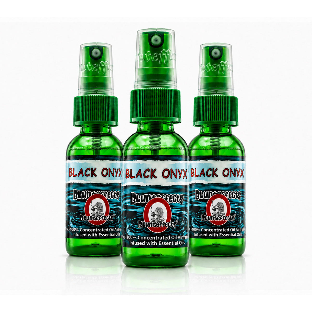Blunteffects front packaging showing three Black Onyx 1 oz sprays for powerful freshness