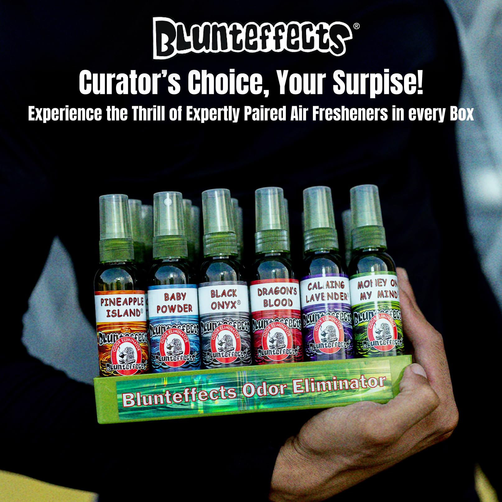 Blunteffects bottle close-up label highlighting scent variety and quality
