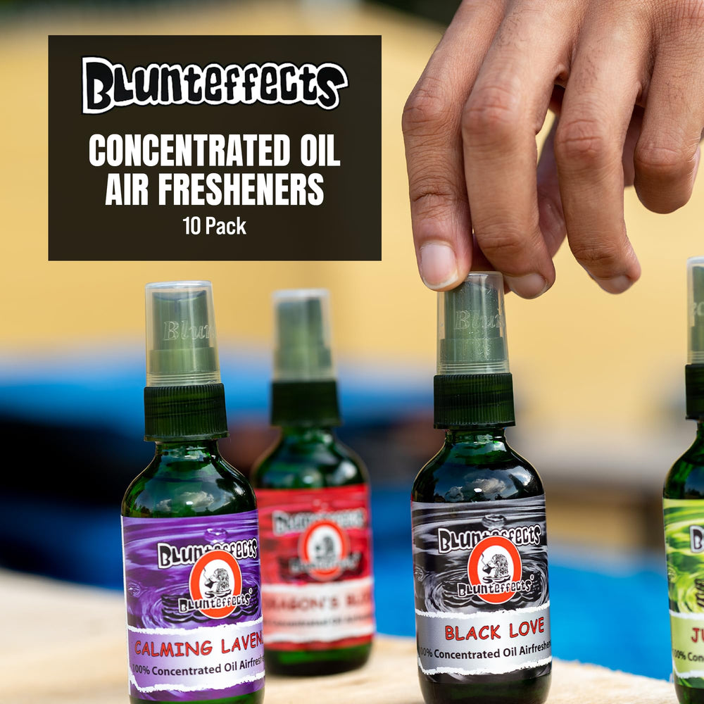 Blunteffects bottle closeup highlighting spray nozzle and concentrated oil formula benefit