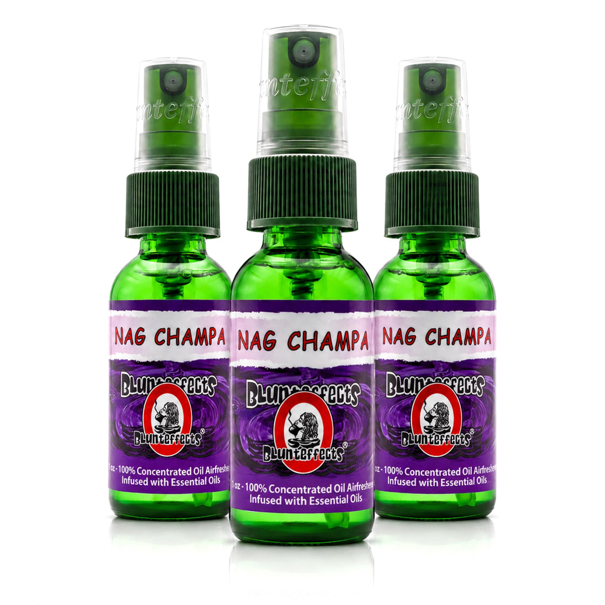 Blunteffects front packaging showing three Nag Champa bottles and bold scent benefit