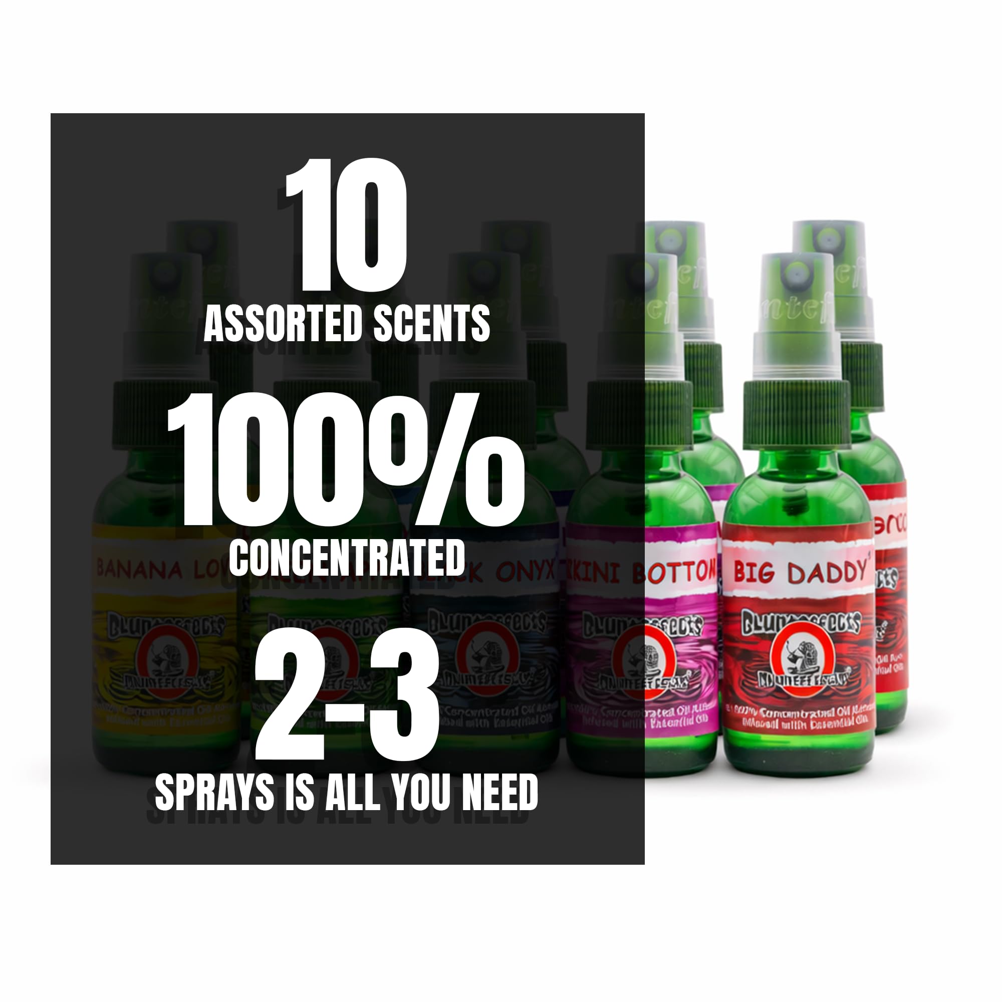 Blunteffects variety layflat showing different scented bottles to sample multiple aromas