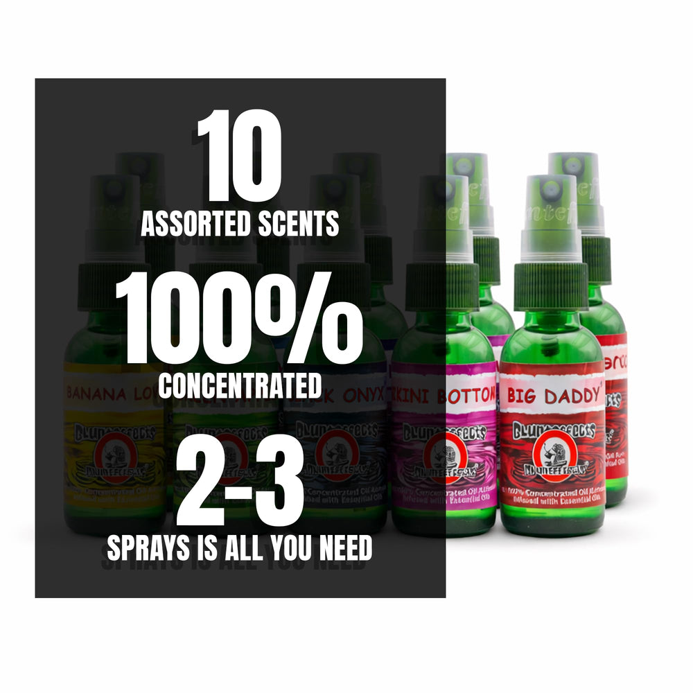 Blunteffects variety layflat showing different scented bottles to sample multiple aromas