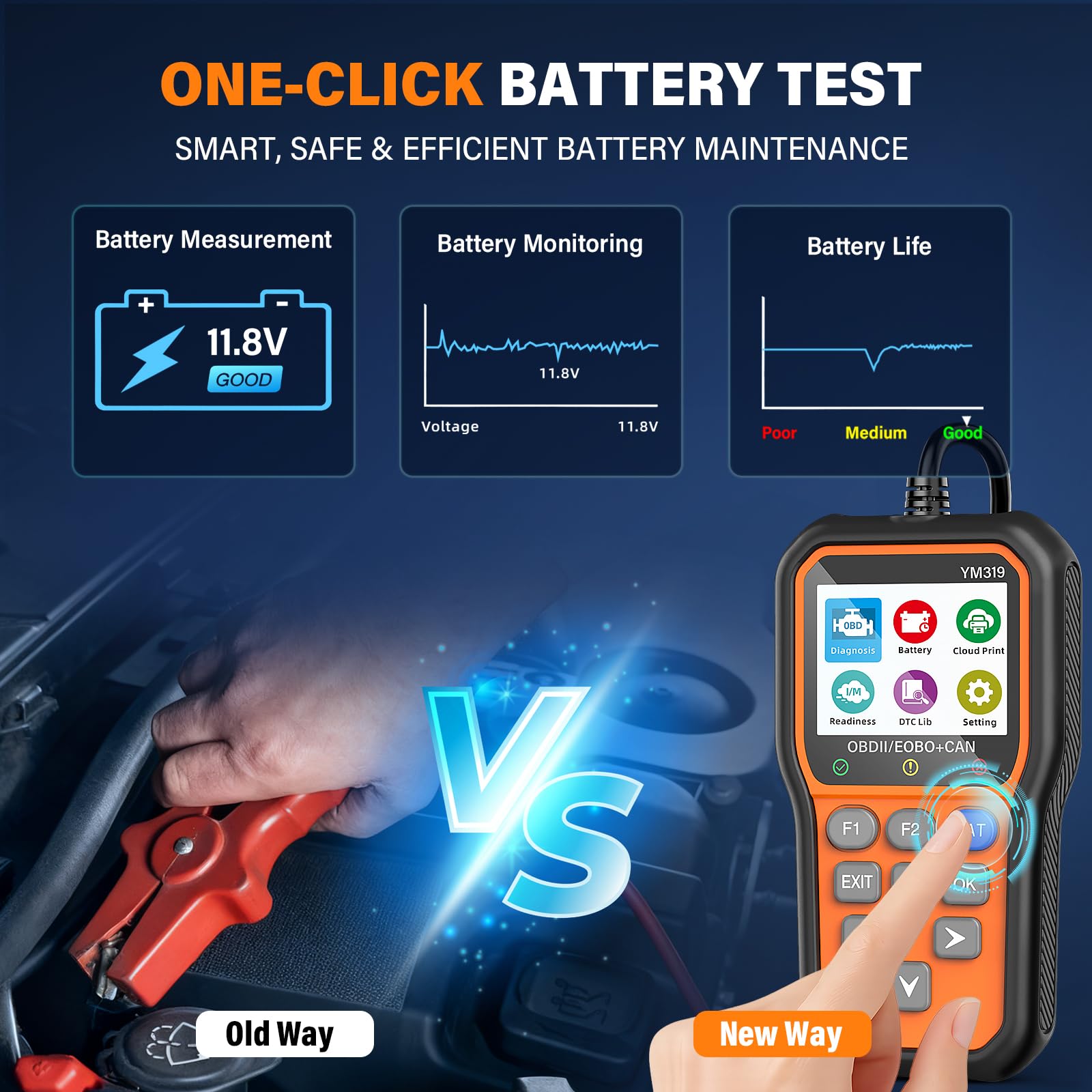 BluSon YM319 battery test display showing voltage and health for pre-trip checks