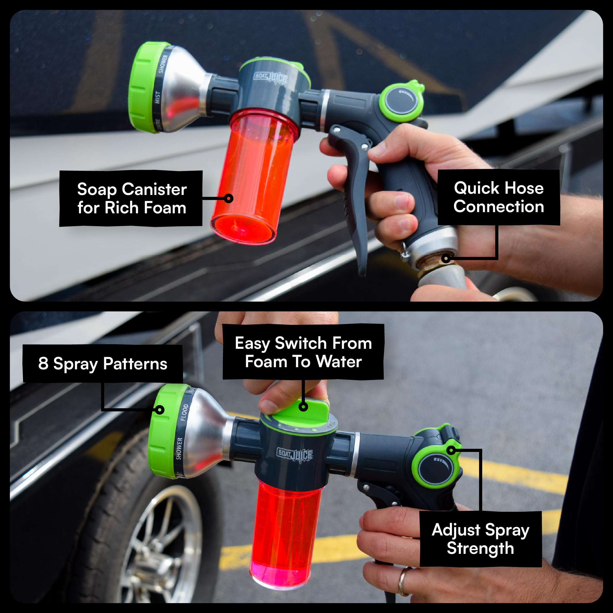 Boat Juice Hydrosuds used at marina demonstrating quick, low-effort washing