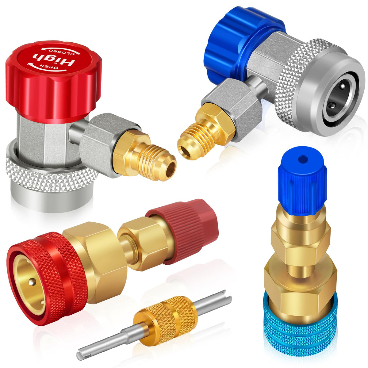 Boltigen front view of adapter kit showing couplers and packing, clear identification benefit