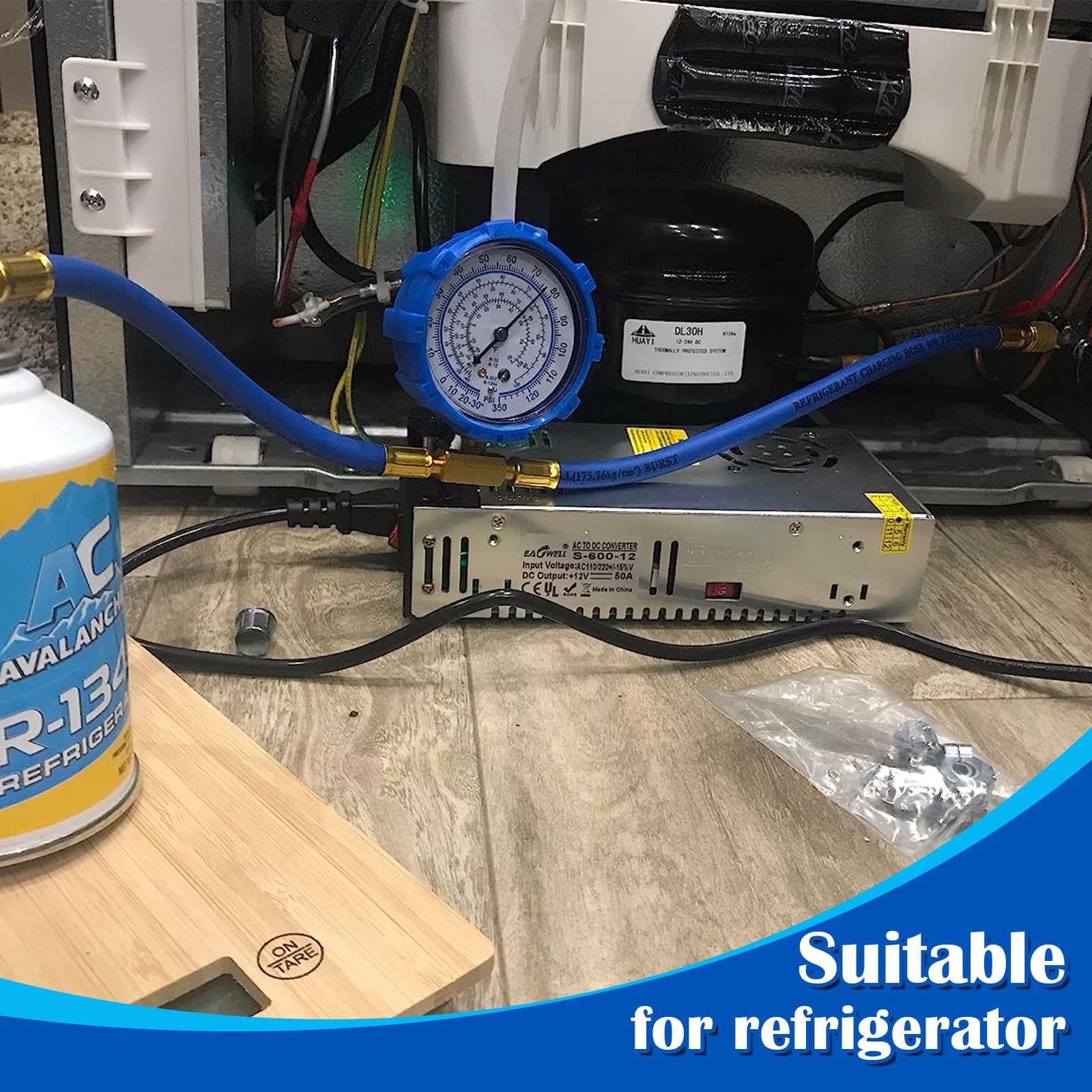 Boltigen kit in use on refrigerator service port showing practical refill benefit