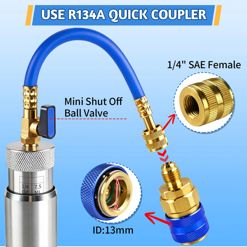 Boltigen injector attached to car AC low port enabling safe dye or oil injection