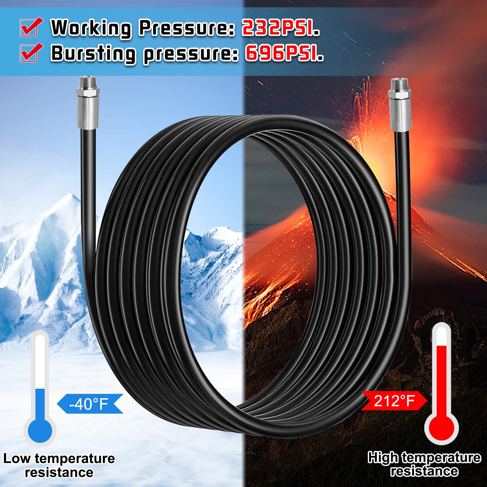 Boltigen hose held in hand for scale showing practical 10ft size and portability benefit