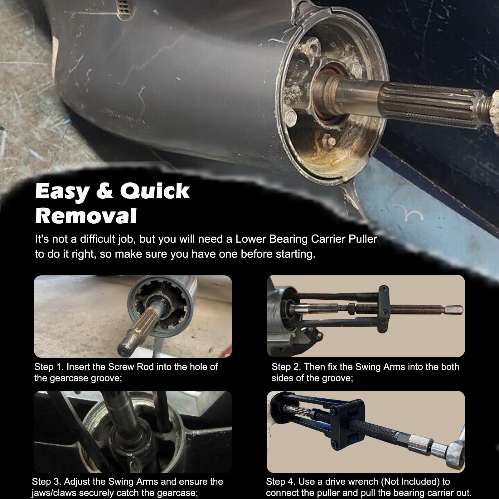 Bonbo tool installed on Yamaha lower unit demonstrating proper alignment for safe extraction