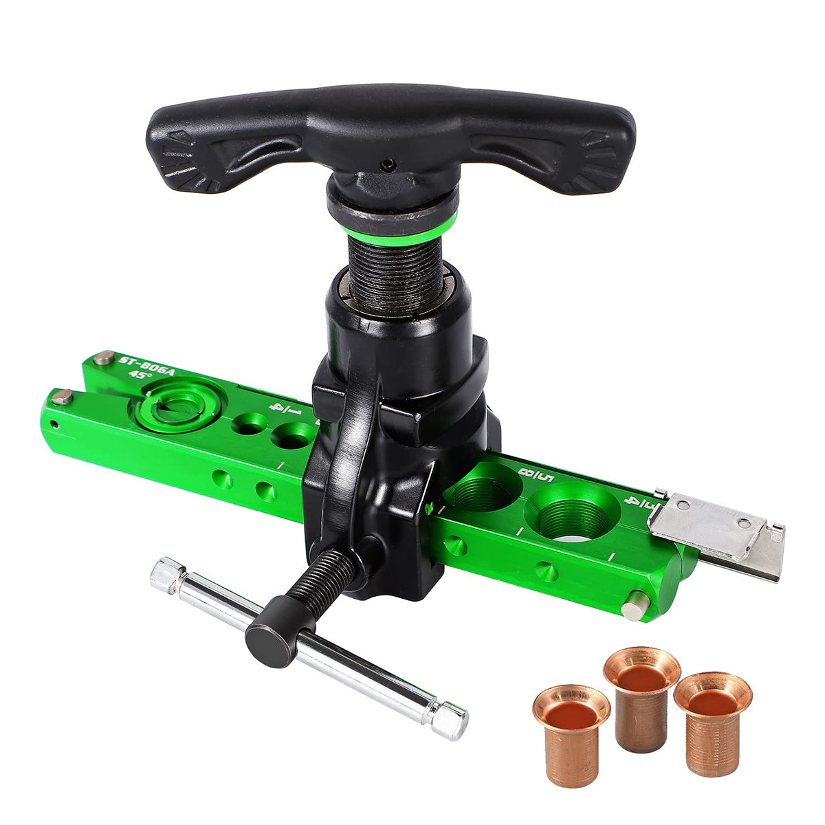 Bonvoisin front view of flaring tool showing compact frame and clamp, improves portability