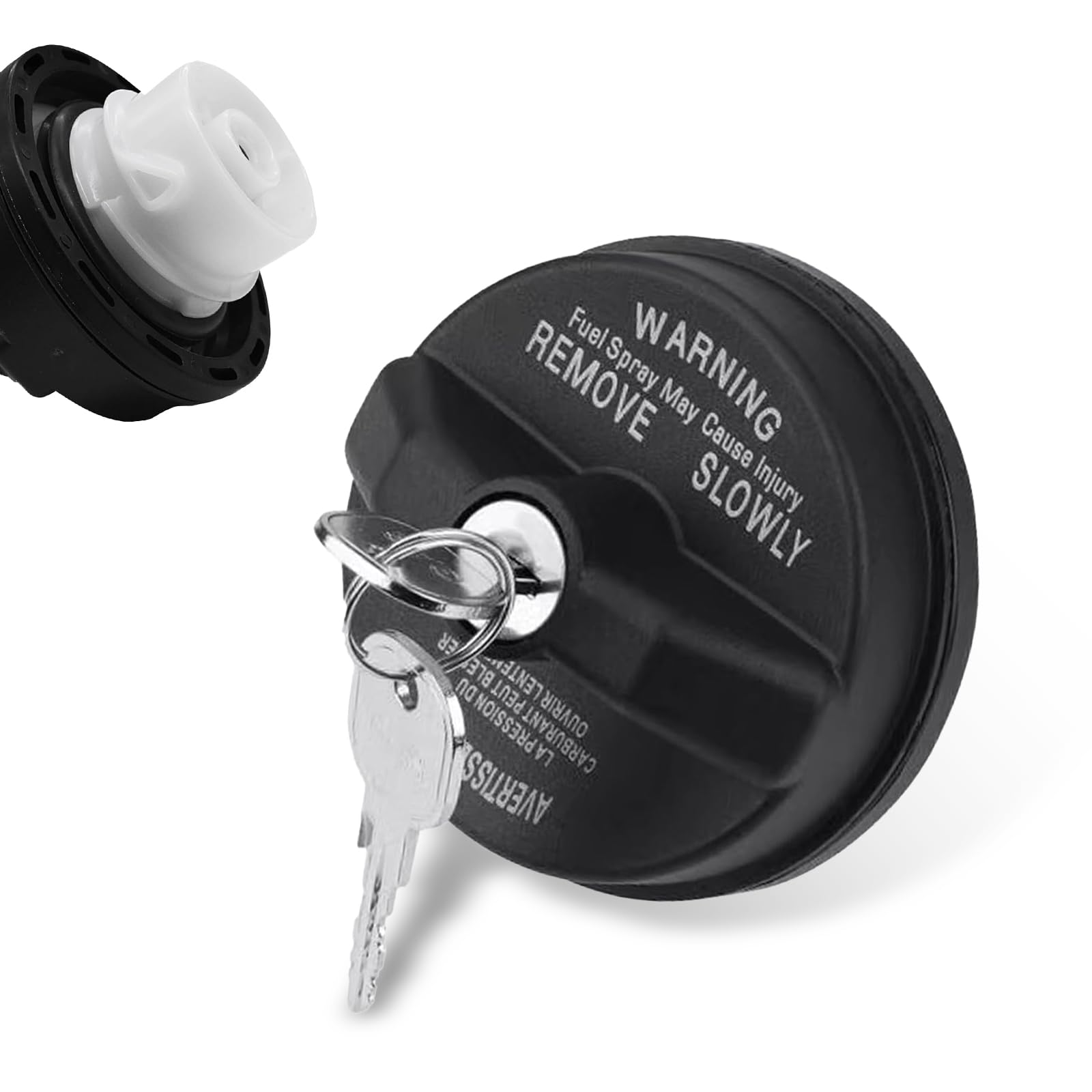 Bookeel front view of black locking gas cap showing secure seal benefit