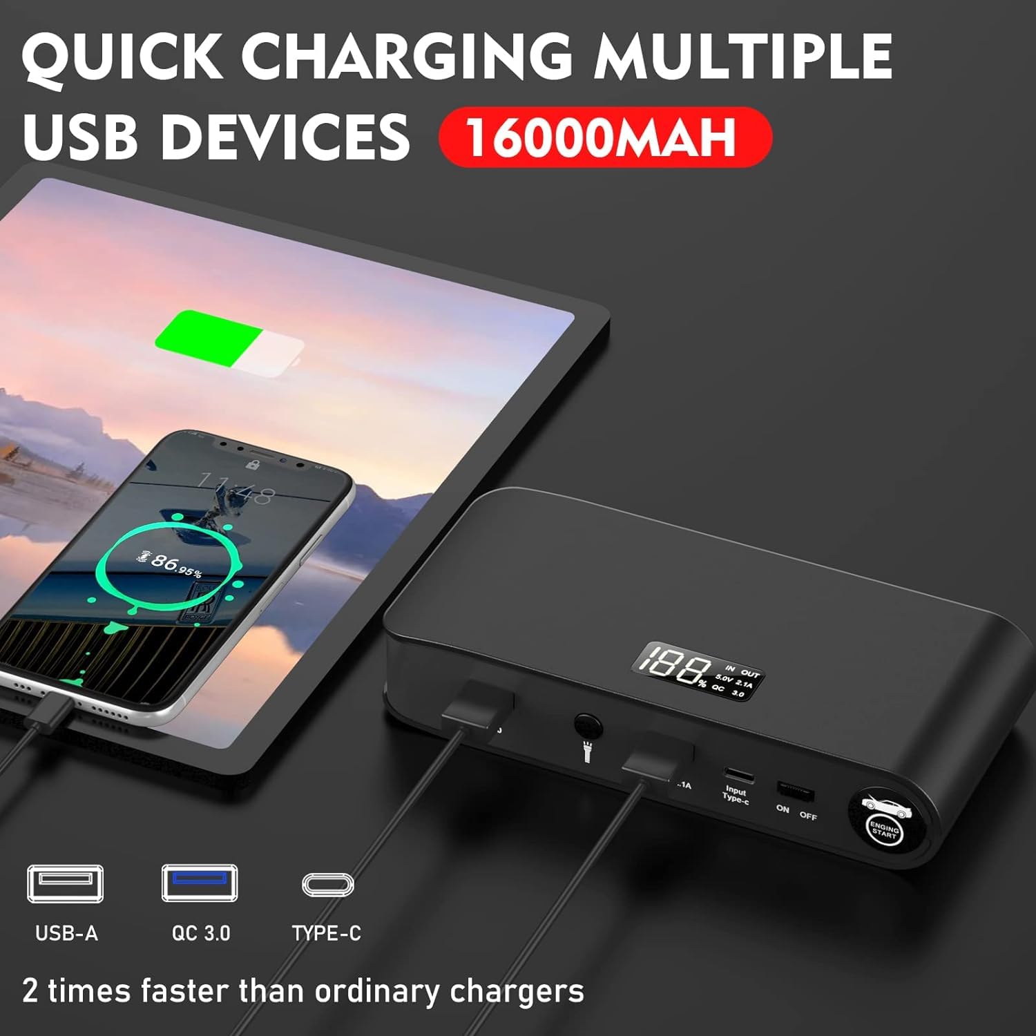 BOOKOO jumper clamps and USB ports detail for secure, versatile charging