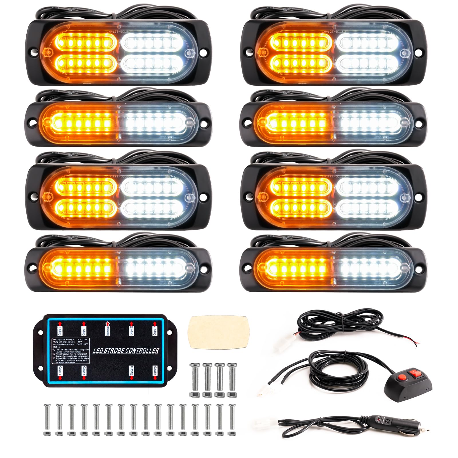 BooYu front view of assembled 8-piece strobe kit showing bright LEDs for improved visibility