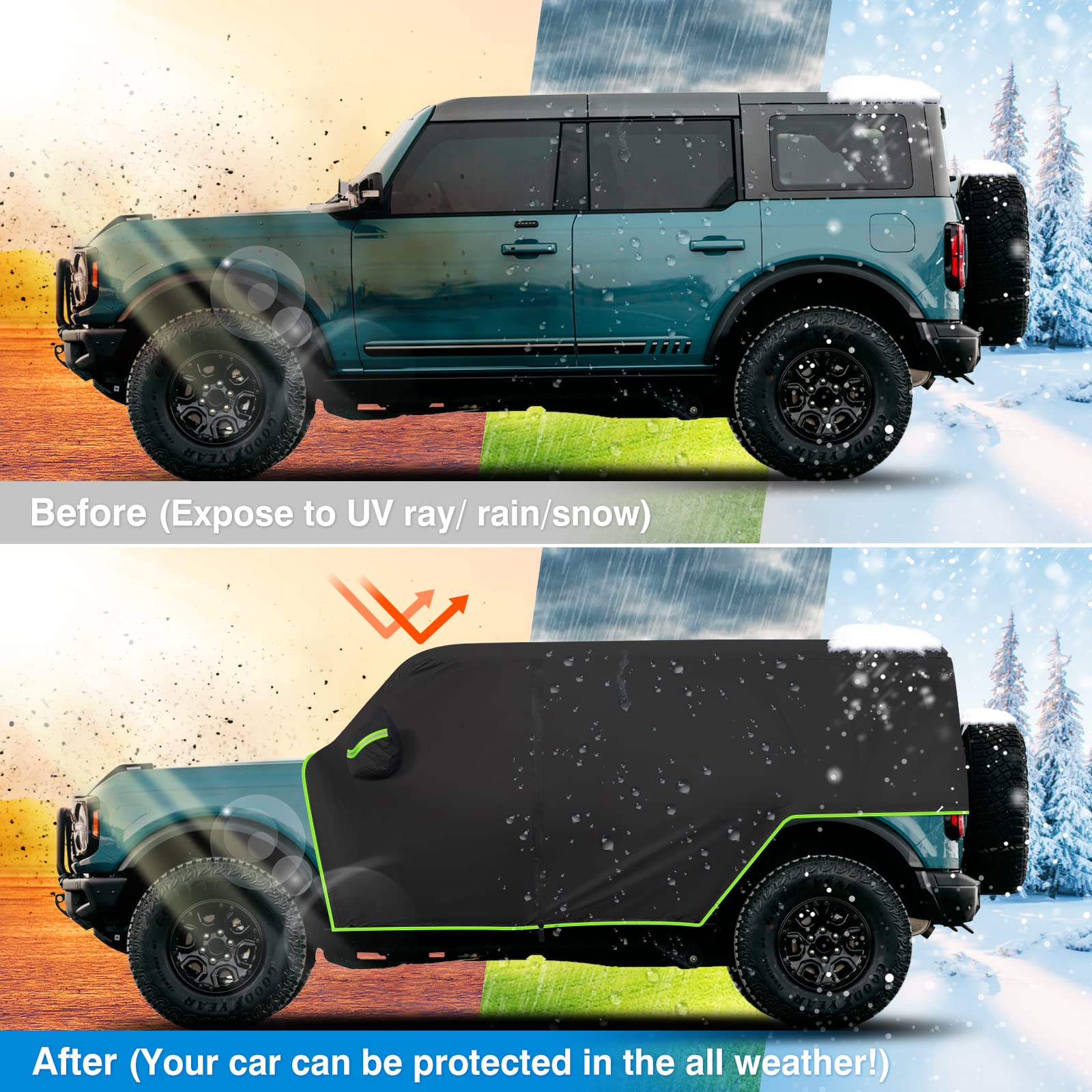 BORDAN cover on Bronco in snow showing waterproof weather protection