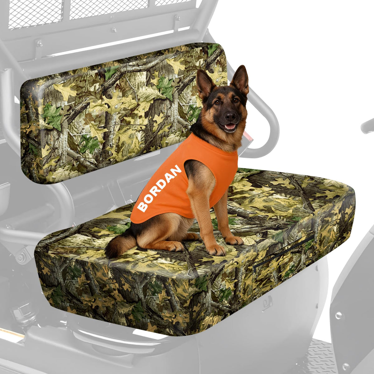 BORDAN front seat cover camo packaging showing fit and included pieces