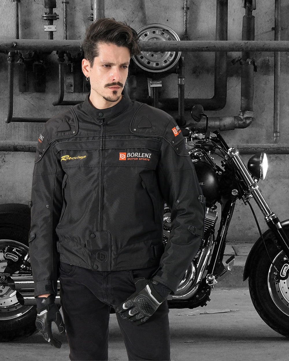 BORLENI shoulder and elbow armor detail showing CE-certified protection
