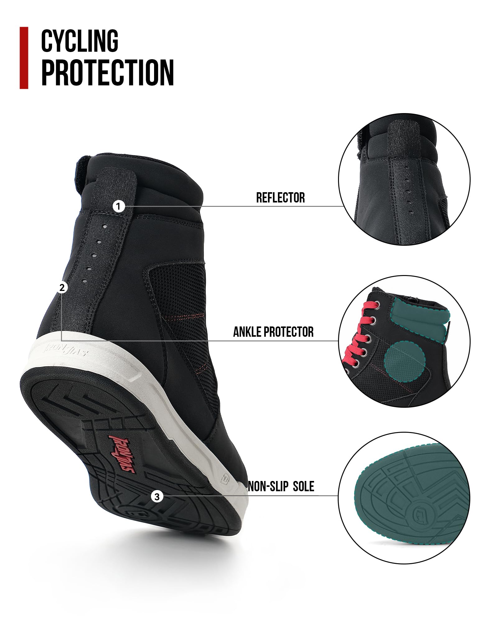 BORLENI outsole anti-slip tread delivering grip on pavement and footpegs