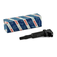 Bosch coil high-voltage boot closeup highlighting one-piece design, prevents separation