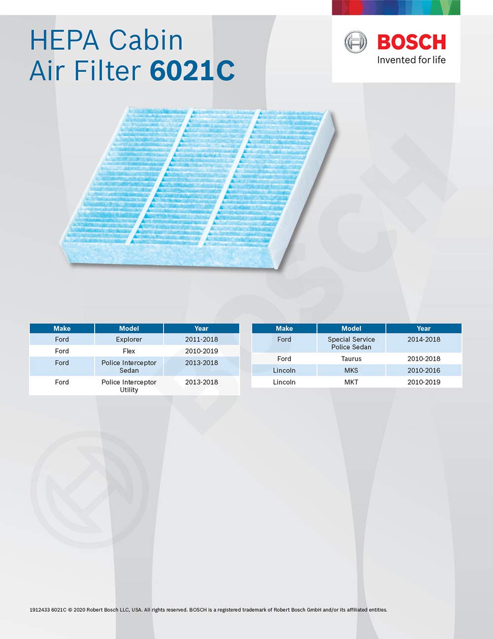 Bosch 6021C cross-section showing particle capture benefit for cabin air