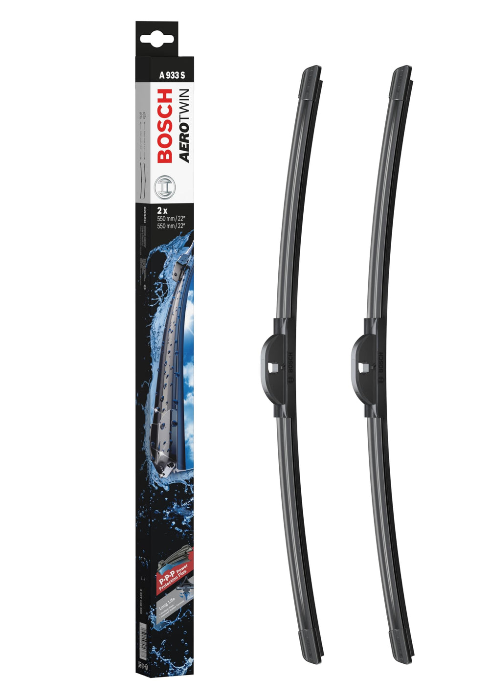 Bosch AeroTwin front packaging showing blade pair and model 3397118933 for easy identification