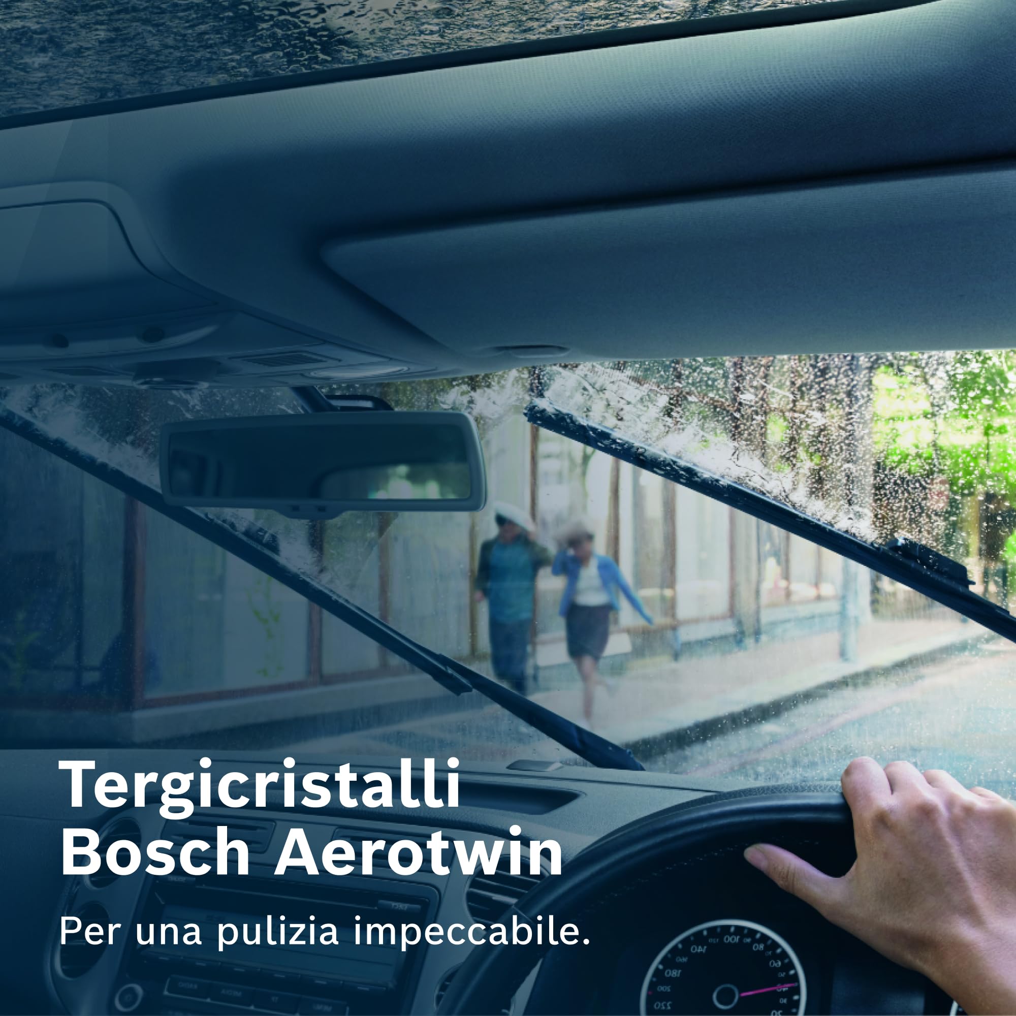Bosch AeroTwin installed on windshield in rain showing improved visibility and quiet sweep