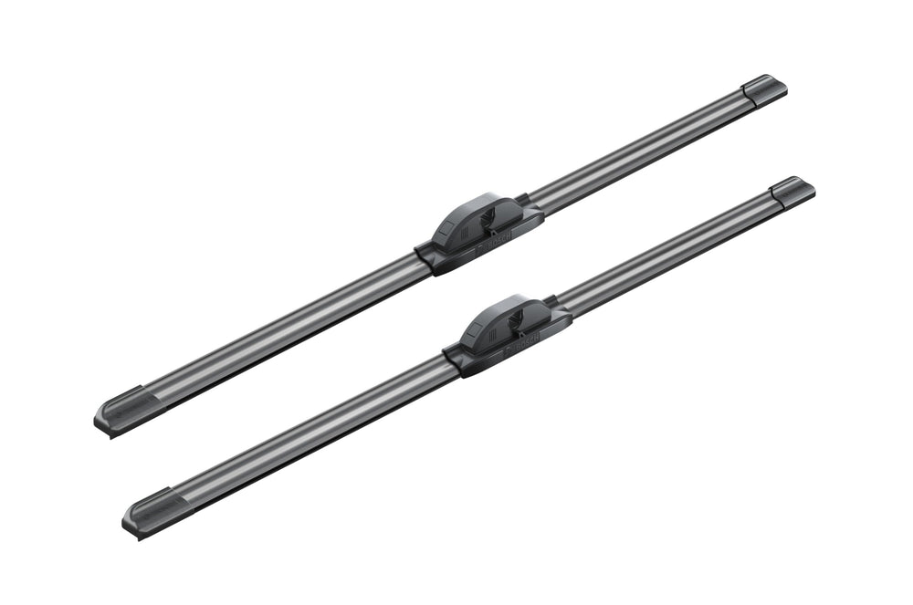 Bosch AeroTwin blades in use on a rainy windshield improving visibility while driving