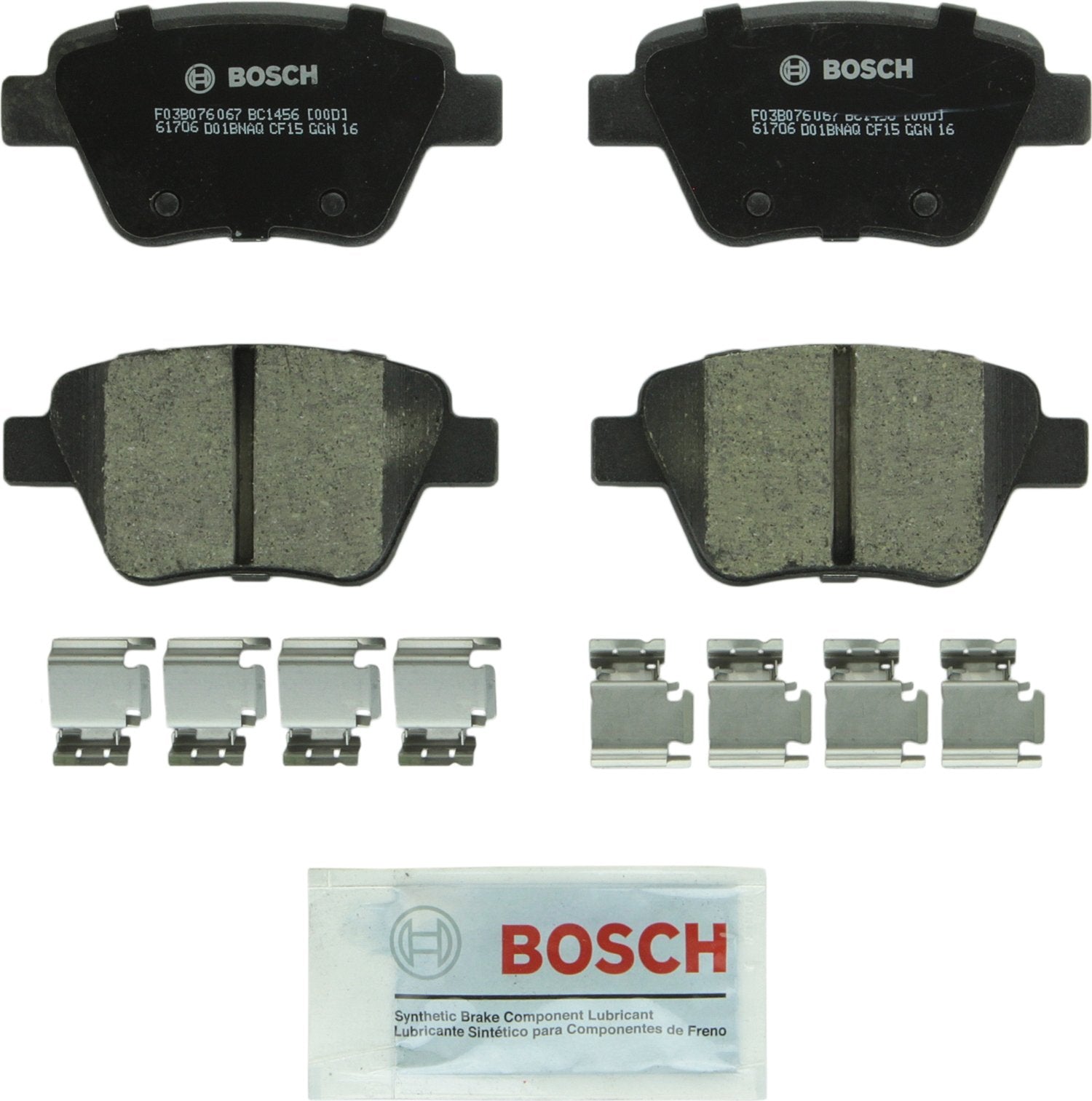 Bosch BC1456 rear brake pads front view showing complete set and hardware, Bosch quiet stopping