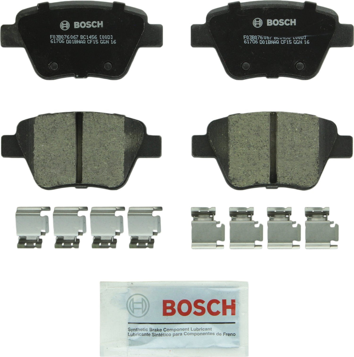 Bosch BC1456 rear brake pads front view showing complete set and hardware, Bosch quiet stopping
