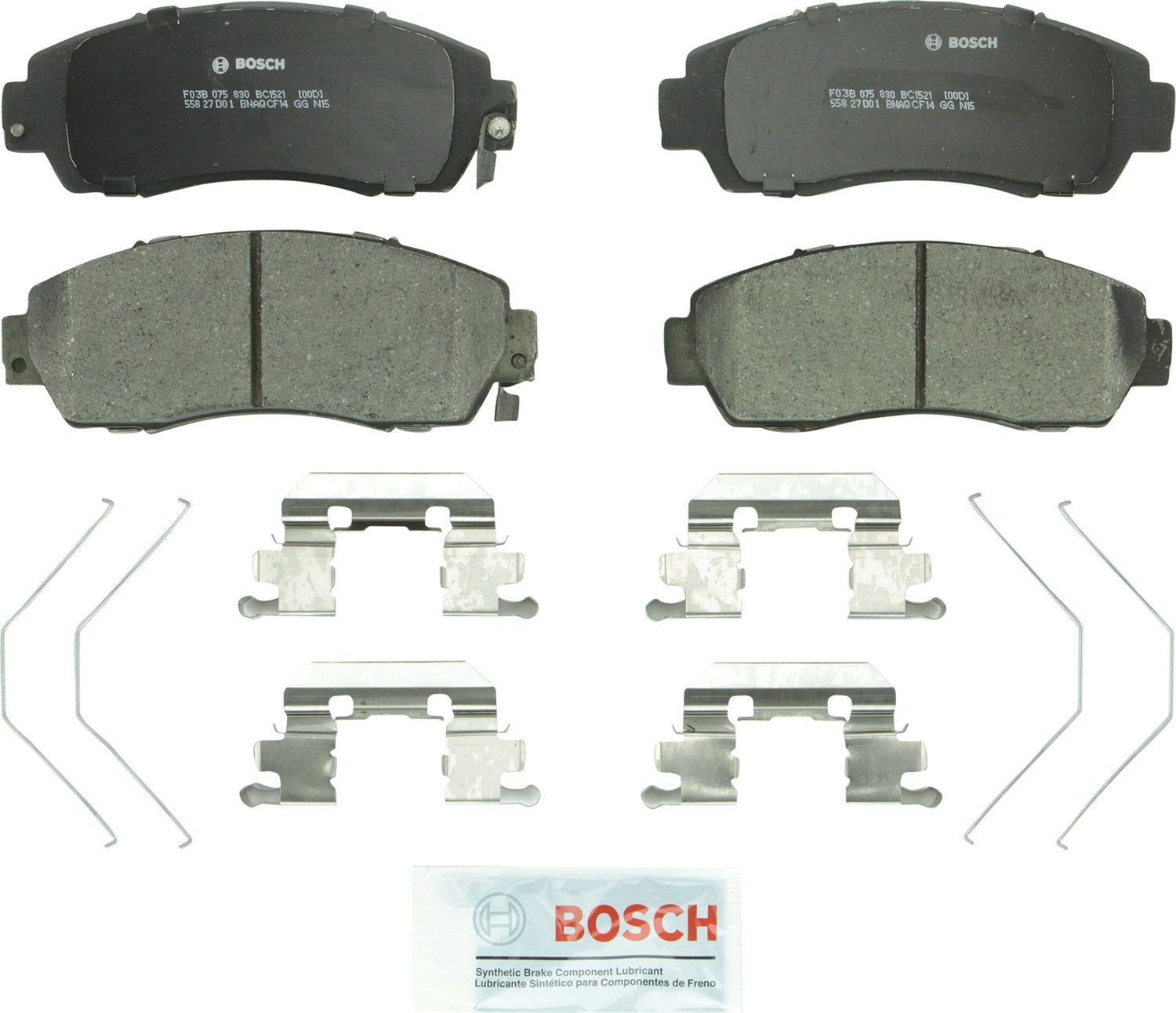 Bosch BC1521 front packaging showing pads and hardware for easy installation and fit verification