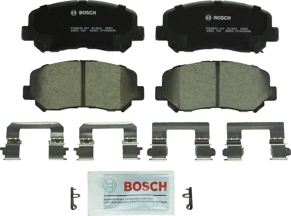 Bosch BC1623 front packaging showing pad set and hardware, durable replacement