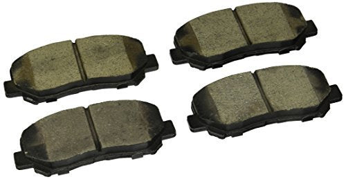 Bosch BC1623 pad close-up highlighting molded shim and ceramic surface, quieter stops