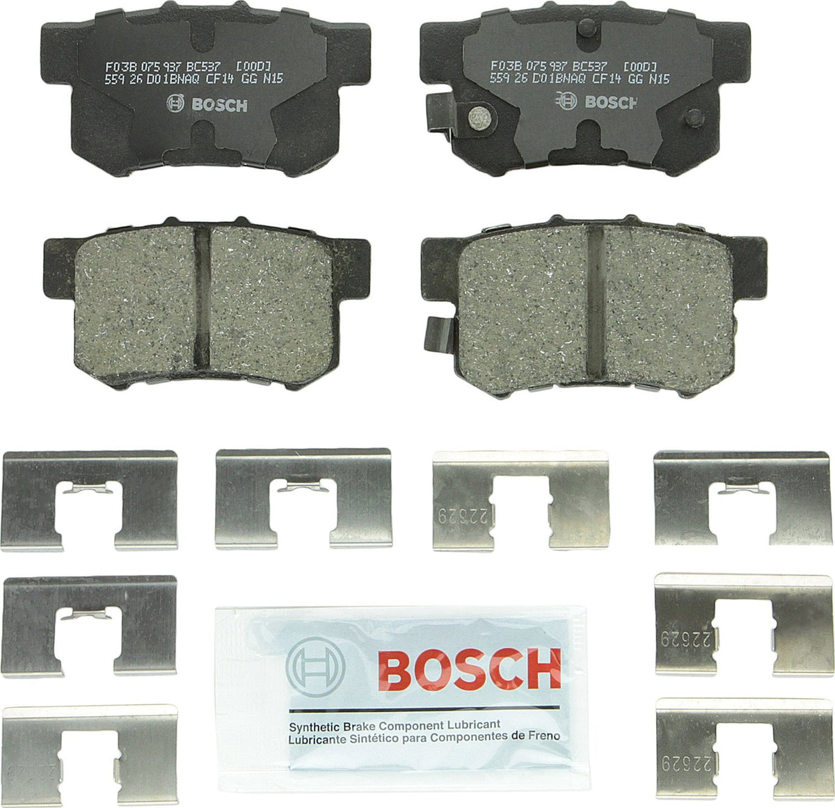 Bosch BC537 rear pad set packaging showing brand and ready-to-install contents