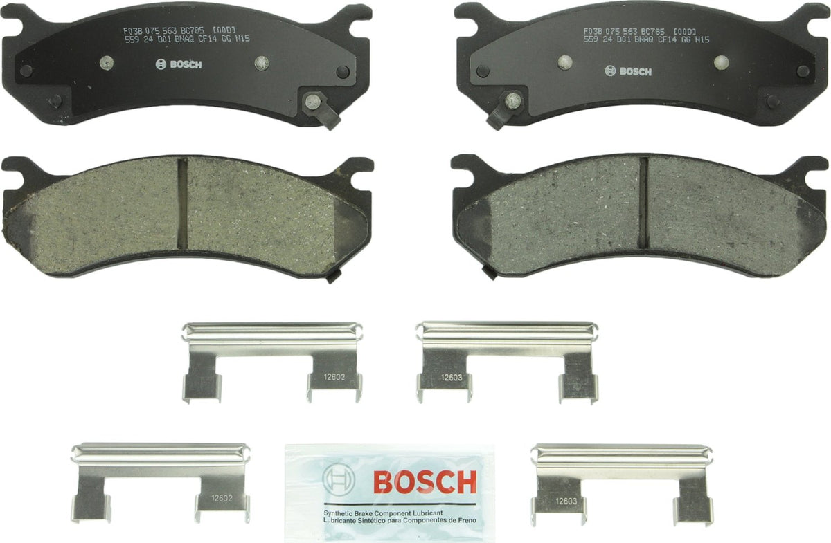 Bosch BC785 front packaging showing QuietCast pads and included hardware, highlighting trusted brand quality
