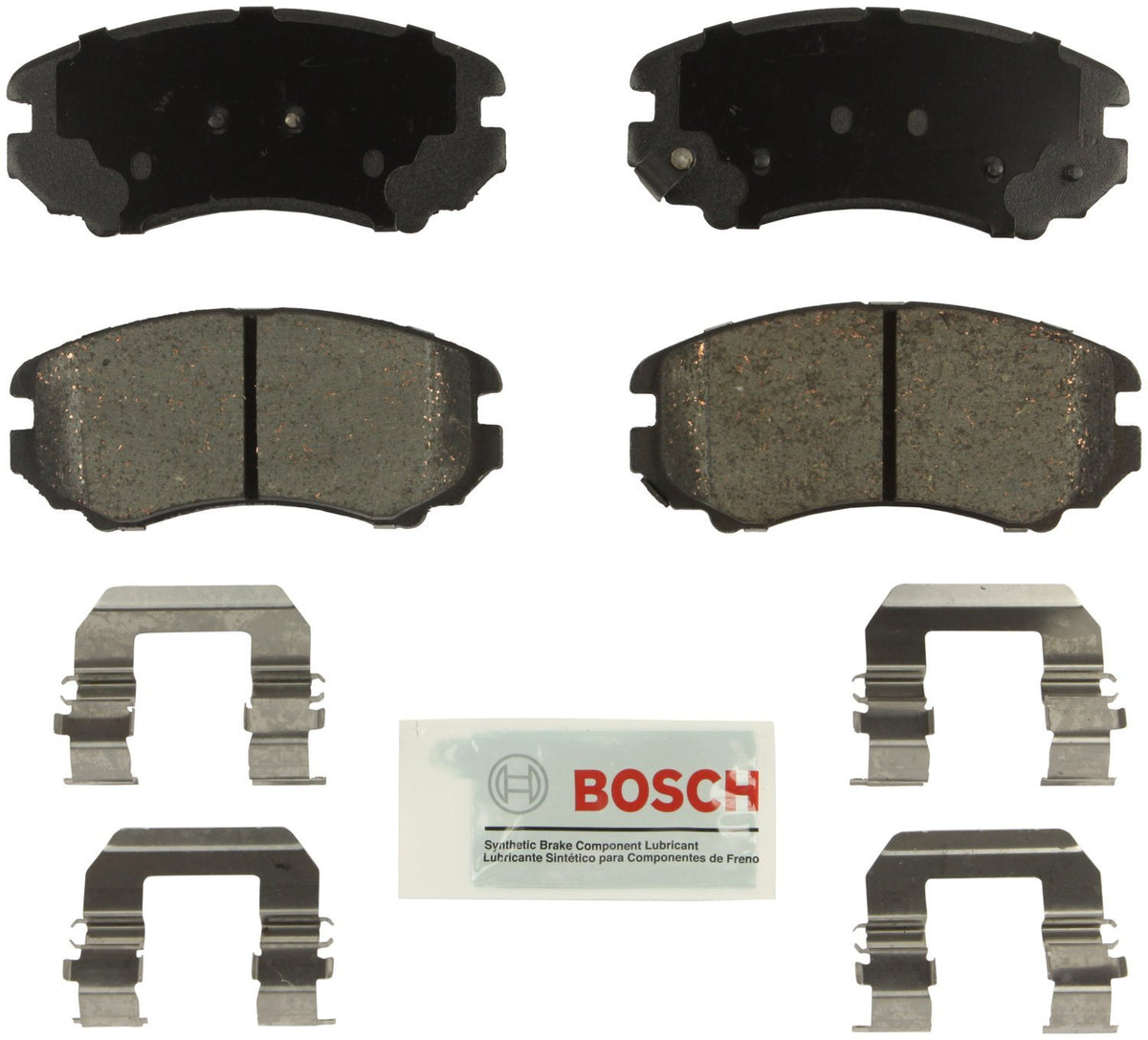 Bosch BE924H front brake pad set packaging showing contents and hardware, Bosch durable protection