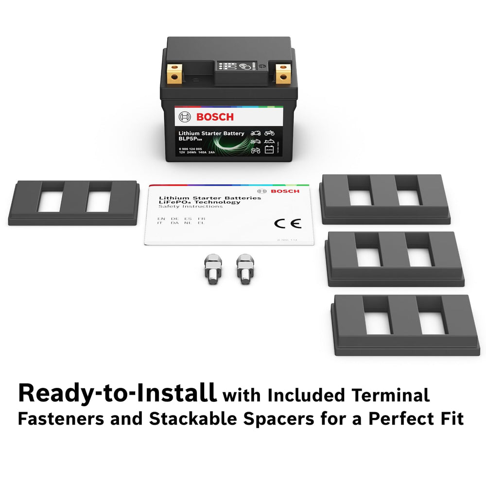Bosch BLP5P side label with specs highlighting Bosch long-life and fast-charge features