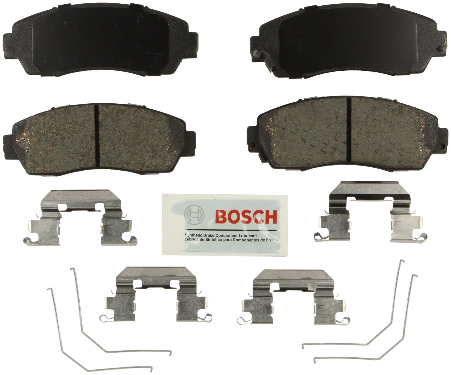 Bosch front brake pad set in packaging showing ready-to-install kit and protection