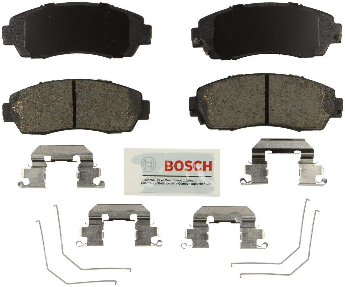 Bosch front brake pad set in packaging showing ready-to-install kit and protection