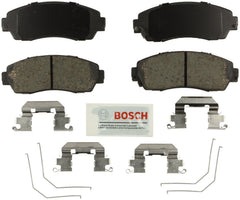 Bosch front brake pad set in packaging showing ready-to-install kit and protection